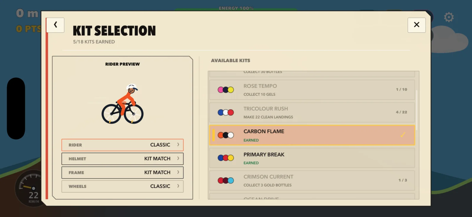 Rider and bicycle customization in the kit selection