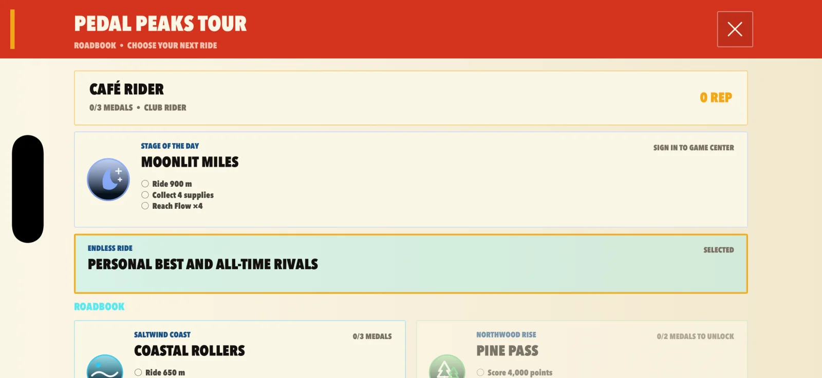 Pedal Peaks Tour roadbook with stages and objectives